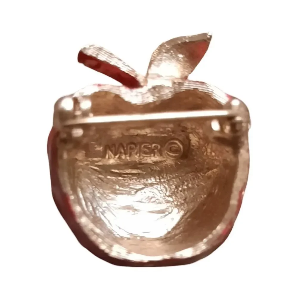 Napier Red Enamel Apple Brooch with Gold Leaves